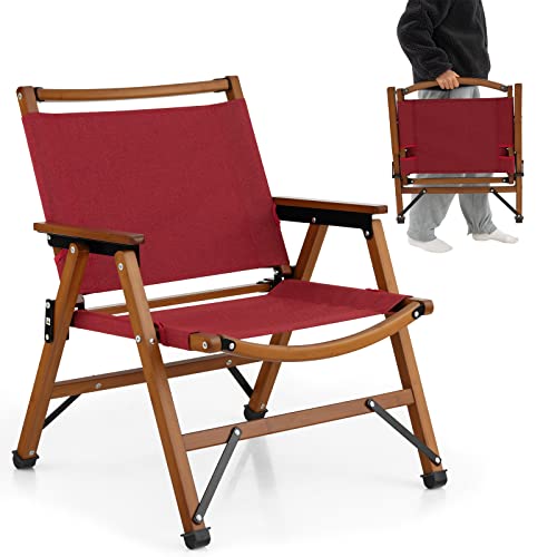 KOMFOTTEU Gartenstuhl klappbar, Klappstuhl aus Bambus, Campingstuhl bis 150 kg belastbar, Strandstuhl tragbar 65 x 55.5 x 54cm, Faltstuhl & Angelstuhl für Balkon, Garten Terrasse, Rot