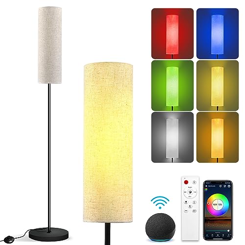 Stehlampe Wohnzimmer, RGBWW Modern Leselampe LED Stehleuchte Dimmbar 12W mit Fernbedienung & WiFi APP Steuerung, Kompatibel mit Alexa & Google Home, Ecklampe mit Leinen Lampenschirm 2700k-6500k