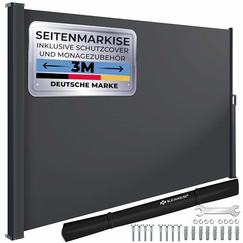 KESSER® Seitenmarkise ausziehbar Markise 180 x 300 cm Blickdicht Sichtschutz & Windschutz für Garten Balkon & Terrasse, Seitenrollo mit Wandhalterung, inkl. Wettercover & Montagezubehör, Dunkelgrau