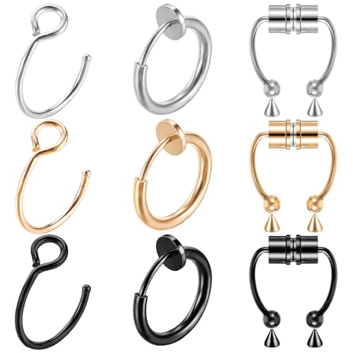 Telooco 9 Stück Fake Nasenring Magnetisch Fake Septum Piercing Edelstahl Nasenring Hoop Hypoallergen Clip On Nase Lippenringe Nicht Durchstochen Septum Ring Schmuck für Damen Herren