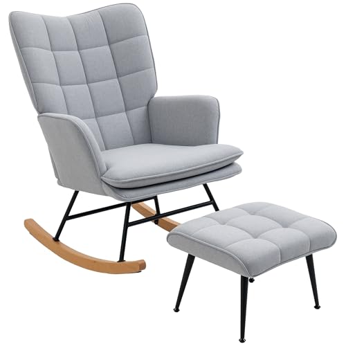HOMCOM Schaukelstuhl Schwingsessel mit Hocker, Armlehnsessel, Stillsessel mit Leinenoptik, Schaukelsessel bis 130 kg Belastbarkeit für Schlafzimmer, Wohnzimmer, Hellgrau