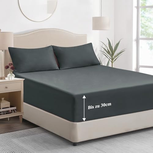 Tifschlaf Spannbettlaken 180x200cm Grau Bettlaken - Spannbetttuch 180x200 aus Weich Mikrofaser, Betttuch Bett Laken Bezug 180 x 200 Anthrazit 30 cm Tiefe Tasche, Bed Fitted Sheet Bedsheet