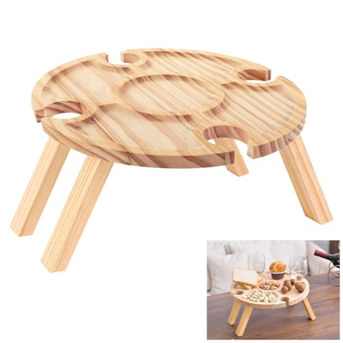 NUWIQ Outdoor Weintisch Tragbar, Picknicktisch Rund Holz Tragbarer, Klappbarer Picknicktisch aus Holz, 29,3x14,5cm, mit Weinglashalter Zum Wandern, für Garten, Kleiner Strandtisch