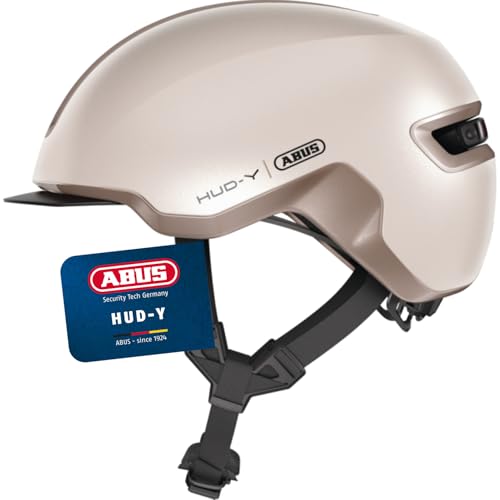 ABUS Urban Helm HUD-Y - mit magnetischem, aufladbarem LED-Rücklicht & Magnetverschluss - cooler Fahrradhelm für den Alltag - für Damen und Herren - Beige Matt, Größe M
