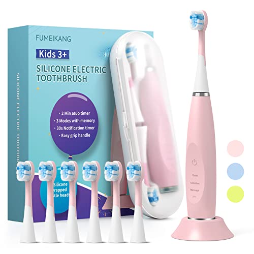 FUMEIKANG Elektrische Zahnbürste Kinder ab 3-12 jahre Kinderzahnbürsten Elektrisch Smart Timer 6 Weich Bürstenköpfes Wasserdicht Schallzahnbürste für Mädchen Jungen (Rosa)