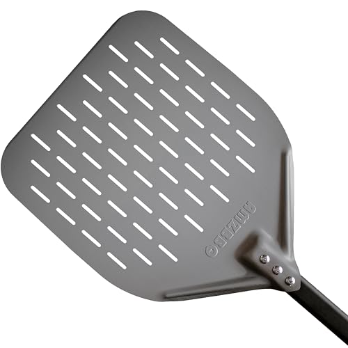 AMZBBQ® Premium Pizzaschieber - 30 x 30 x 66 cm Perforierte Pizzaschaufel aus Harteloxiertem Aluminium zum Leichten Gleiten auf Pizzastein - Grill Zubehör Geschenk für Männer