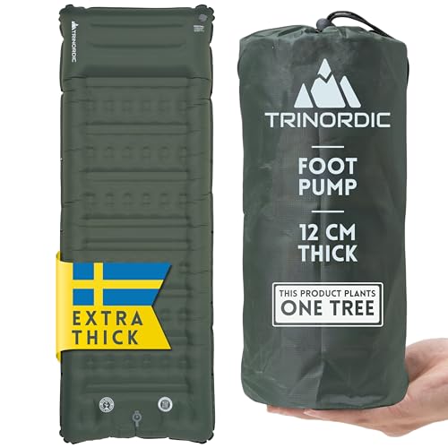 Trinordic Extradicke Aufblasbare Isomatte - 12cm Dick & 70cm Breit mit Fußpumpe & Kissen - Camping Luftmatratze mit Kleines Packmaß für Outdoor, Wandern & Bikepacking