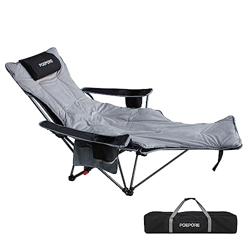 POEPORE Campingstuhl Faltbar mit Fußablage 4-Fach Verstellbarer Ultraleicht Liegestuhl Angelstuhl Campingstühle Klappbar mit Abnehmbarem Wattepad Kissen Doppelseitigen Armlehnentaschen Schwarz