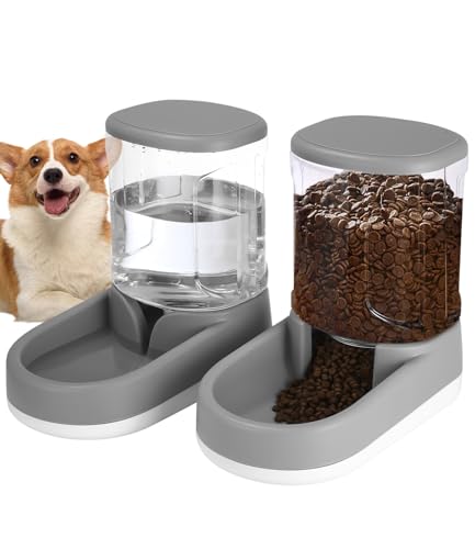 Automatisches Futter und Wasserspender für Hunde, Katzen, Futterspender und Wasserspender, 2X 3,8 L, Futterspender für kleine, mittelgroße und große Haustiere, Welpen, Kätzchen, Grau