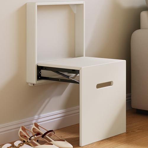 Wandmontierter Klappstuhl, Schuhwechselhocker, Platzsparender Wandhocker für Balkon und Eingangsbereich, Versteckter Klappstuhl, Teeweiß