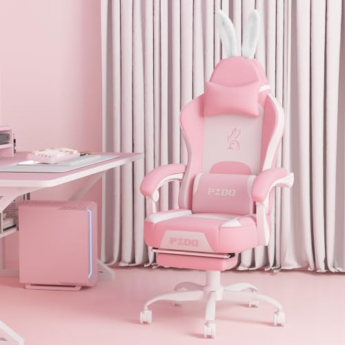 PZDO Rosa Gaming Stuhl mit Abnehmbare Dekoration, Gepolstert Gaming Chair Schreibtischstuhl Bürostuhl PC Computerstuhl mit Fußstütze, Teenager, Mädchen, Erwachsene, Geschenk(Rosa-weiß)