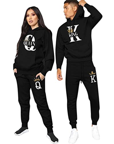 Minetom Pärchen Sportanzug King Queen Druck Pullover Hoodie Kapuzenpullover Liebespaar Couple Jogginganzug Freizeitanzug mit Taschen Oberteile und Hose Set Schwarz King M