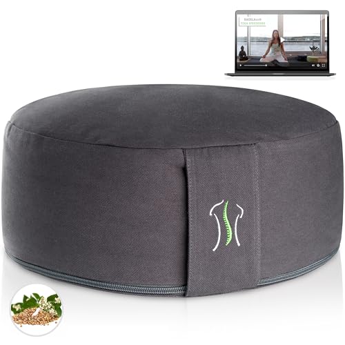 BACKLAxx ® Yoga Kissen, Meditationskissen XL 35cm [30% mehr Sitzfläche], 15cm hoch mit Buchweizenfüllung, perfektes Meditation Zubehör, Yogakissen rund inkl. Videokurs - Pouf Sitzkissen Boden