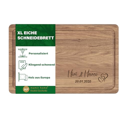 Hochzeitsgeschenk personalisiert mit Name | XL Schneidebrett Holz | Hochzeitsgeschenke für Brautpaar | Jahrestag Geschenk für ihn sie | Eiche 40x25x2cm | Geburtstag Männer Frauen (Herzen)