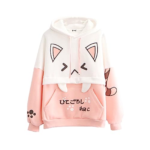 Himifashion Niedlicher Kapuzenpullover Teen Mädchen Kawaii Katze Druck Pullover Hooded Tops Plus Samt Sweatshirt Lose Warme Hoodies (Pink), rose, One size