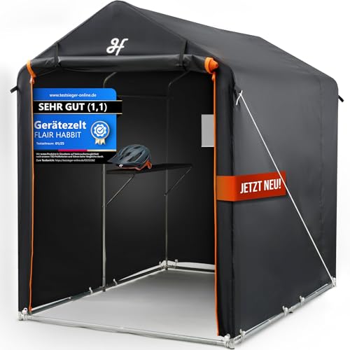 FLAIR HABBIT Foliengerätehaus mit Ablageboard | 120 x 180 x 160cm | Oxford Stoff inkl. Lüftungsfenster Gerätezelt Fahrradgarage wetterfest Zeltgarage | Anthrazit-Orange