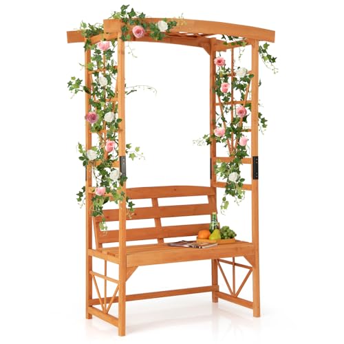 COSTWAY Rosenbogen mit Bank, Gartenbogen Holz, Torbogen für Kletterpflanzen, 2-Sitzer Gartenbank mit Rankhilfe, Sitzbank mit Rankgitter, Rankbogen für Garten, 120 x 58 x 189 cm