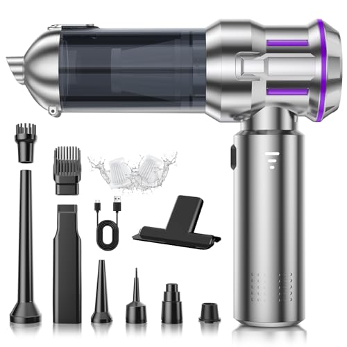 Handstaubsauger, 22000Pa 4-in-1 Handstaubsauger Akku Kabellos mit 1-Knopf-Selbstentleerung, Bürstenloser Motor Mini Staubsauger, 3 Stufen Saugstärke, Auto Staubsauger für Haus/Auto/Tierhaar, Silber