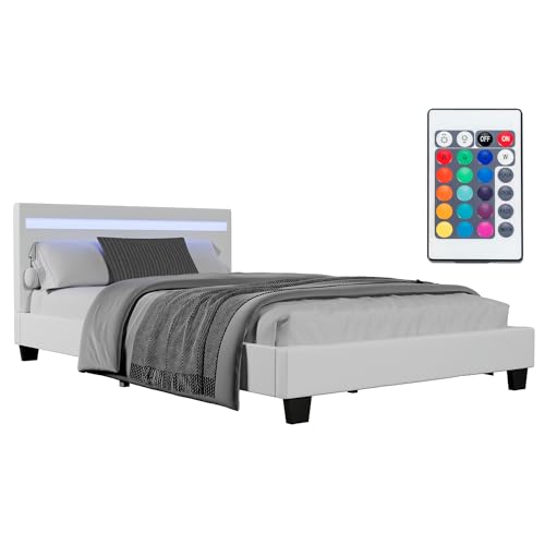 Juskys Polsterbett Verona 120x200 cm - Bett komplett mit LED-Beleuchtung, Matratze und Lattenrost - Kunstleder Bezug - weiß - Jugendbett