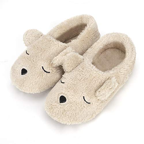 Weiche Plüsch Hausschuhe Liebespaar Pantoffeln Slippers mit Super Süße Cartoon Bär für Winter Herbst Frühling, Größe 38-39, Farbe Beige