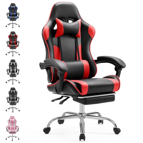 Sweetcrispy Gaming Stuhl,Ergonomischer Bürostuhl mit Fußstütze,Gamer PC Stühle mit Kopfstütze Lendenkissen,90-150° einstellbar Gaming Chair,Leder Drehbar Schreibtischstuhl Computerstuhl,Rot