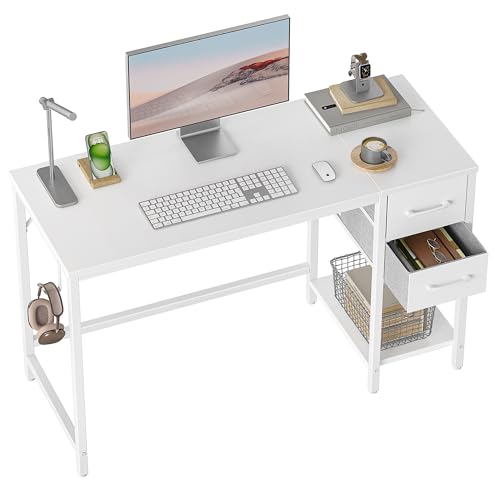 CubiCubi Schreibtisch mit 2 Schubladen und Kopfhörerhaken, 100×50×75cm Kleiner Computertisch, Bürotisch, für Arbeitszimmer, Schlafzimmer, Metallgestell, Weiß