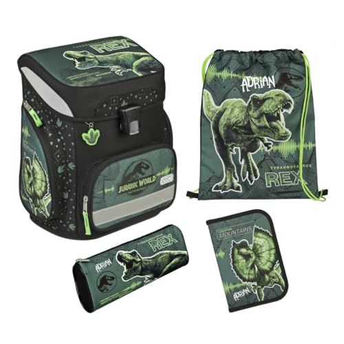 Undercover Schulranzen Set 5-TLG Jungen 1. Klasse Grundschule | Mit personalisiertem Inhalt Turnbeutel Federmappe mit Name | Motiv Jurassic World Dinosaurier T-Rex