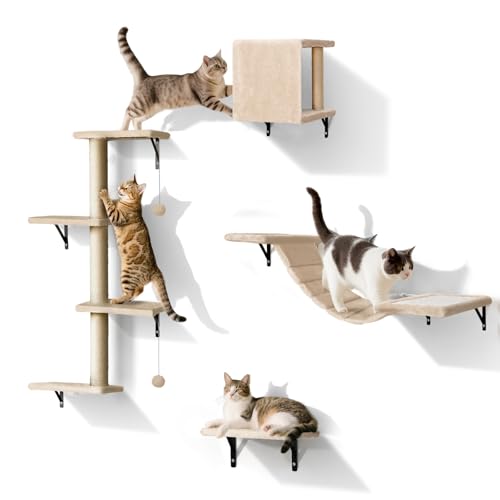Eukue Kletterwand Katzen, Kletterwand Set 10 -teiliges für Katzen, Groß Katzen Wandelemente mit Kratzbaum, Katzenhaus, Katzenbrücke, Sisal Kratzsäulen für den Innenbereich bis 10 kg