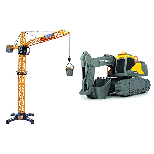 Dickie Toys – Giant Crane 100 cm – Ferngesteuerter Baustellenkran mit großer Transporttonne und Lastentrage & Volvo Tracked Excavator – 23 cm großer Kettenbagger, Bagger mit Licht, Sound, Freilauf