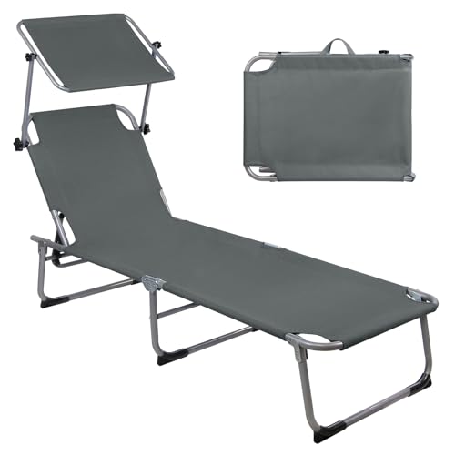 Montafox Sonnenliege 195 x 59 x 32 cm Strand Liege Tragbar max.150 kg Sonnendach Verstellbarer Rückenlehne Garten Pool Terrasse Klappbarer Liegestuhl, Farbe:grau