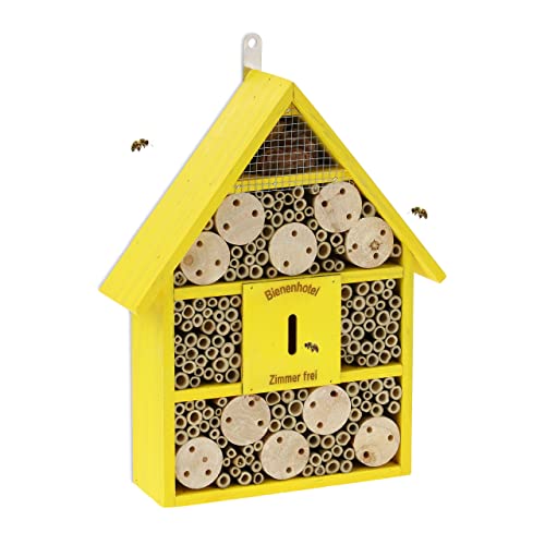 Relaxdays Bienenhotel, Nisthilfe Wildbienen, Garten, Balkon, Insektenhotel zum Aufhängen, Holz, HBT 38 x 29 x 9 cm, gelb