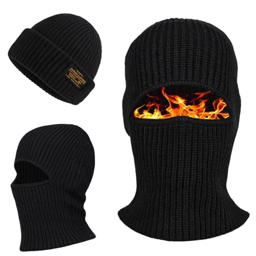 LINSOCLE 2 Stück Sturmhaubenmützen, Multifunktional Warme Balaclava, Wintersturmhaube Beanie Mütze Skimaske, Gestrickte Skimaske für Männer und Frauen in Schwarz, Mütze mit Einer Maske mit Loch