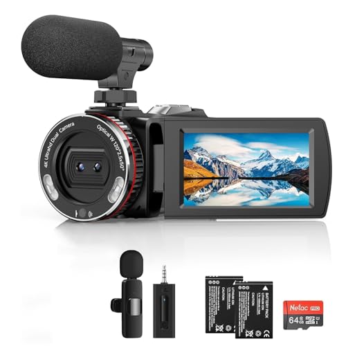 4K-Camcorder, 64 MP 60 FPS Vlogging-Kamera mit kabellosem Mikrofon für YouTube, Ultra HD 7,6 cm Flipscreen, 21 x Digitalzoom Videorecorder-Kamera mit 64 GB SD-Karte, Fernbedienung und 2 Batterien
