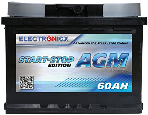 Autobatterie 60Ah AGM 12V - Start Stop Starterbatterie, Kfz Batterie, Pkw Batterie Starterbatterien AGM Batterie Battery 60 Ah Electronicx Langlebig