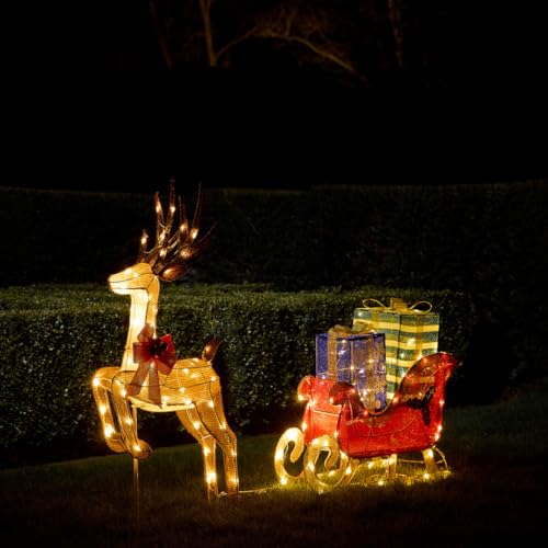 Lights4fun 100cm LED Rentier mit Schlitten Figur innen und außen Weihnachtsfigur Rentier Weihnachtsdeko Weihnachtsbeleuchtung Außen Rentier mit Schlitten Outdoor