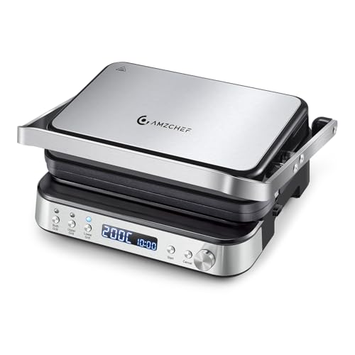 AMZCHEF Multifunktionaler 4 in 1 Kontaktgrill, Griddle, Waffeleisen & SandwichMaker mit 4 antihaftbeschichteten abnehmbaren Platten, individuelle Zeit und Temperatur,LED-Anzeige,Gesundheitsgrill 2000W