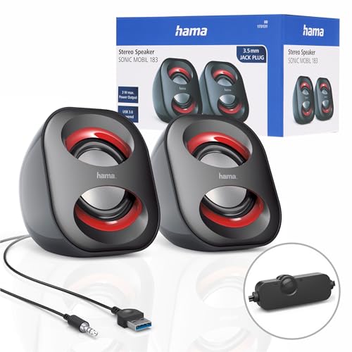 Hama PC Lautsprecher Sonic Mobil 183 (USB 3.0, 3,5 Mm Klinke, 3 W, Aktive Boxen Für Computer, Laptop, Notebook, Smartphone, Tablet) Schwarz/rot
