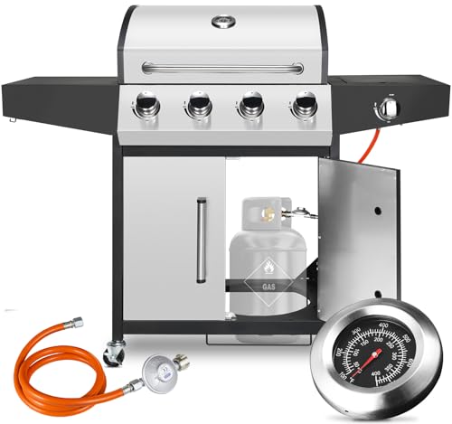 Edelstahl Gasgrill 4+1 Brenner,15 kw Gas Grillwagen BBQ mit Seitenkochfeld,Gasgriller mit Thermometer,Bremse Rollen,Standgrill DE I3B/P(50) Gasdruckregler,Grillküche Camping Garten(Butan/Propan)