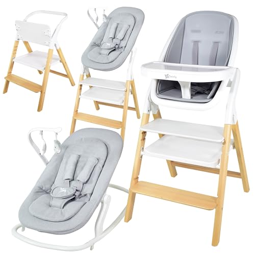 Twinly - Baby Hochstuhl Set 5in1: multifunktional Alaia, Lernturm, Kinderstuhl - ab Geburt 0m+ - Faltbar und ergonomisch aus Buchenholz – Abnehmbare Tischplatte und Sicherheitsgurt