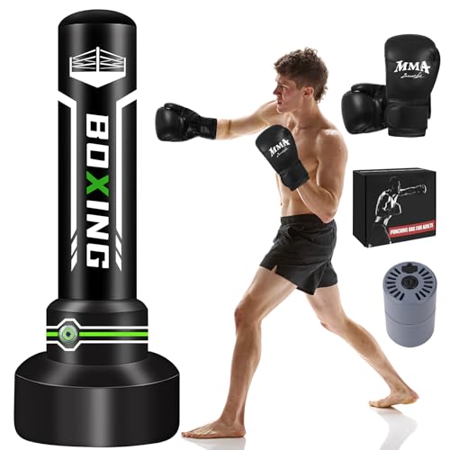 JUOIFIP Boxsack Erwachsene 180cm, Upgraded selbst aufblasen schweren Boxsack mit Boxhandschuhen und Built-in Luftpumpe für die Ausbildung MMA Muay Thai Fitness Anfänger