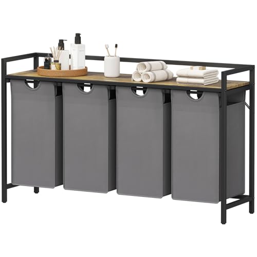 Lifewit Wäschekorb 4 Fächer, 168L/4x42L Wäschesammler mit Ablage und herausziehbaren Säcken, Wäsche sortiersystem, Waschesammelbox für Schlafzimmer, Badezimmer, Schlafsaal, 124x33,4x76cm, Grau