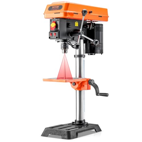 VEVOR 254 mm Tischbohrmaschine, 6,2 A Induktionsmotor, Tischbohrmaschine mit 510/780 / 1300/1820 / 2430 U/min einstellbarer Geschwindigkeit, 0-45° neigbarer Arbeitstisch, LED-Arbeitsleuchte