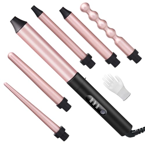 Unipampa set Welleneisen, Lockenstab 6 in 1, Lockenstäbe, 9-32mm Keramik Lockenwickler, Handschuh, einstellbarer Temperatur, Welleisen, Lockenwickler Kit für Kurze Haare Große Locken