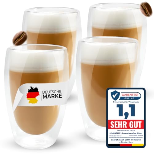 Lemontree 4er Set große Latte Macchiato Gläser 450ml - doppelwandige Gläser, Design Kaffeetassen, Teegläser hitzbeständig, Cappuccino Tassen aus Borosilikatglas