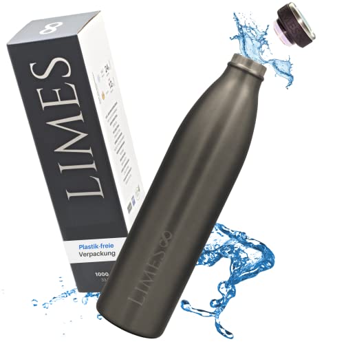 Limes 8® Trinkflasche Edelstahl Thermoskanne 1l Thermosflasche - Isolierte Wasserflasche, auslaufsichere Vakuum Isolierflasche doppelwandig, Kohlensäure geeignet (Gray | Grau 1000ml)