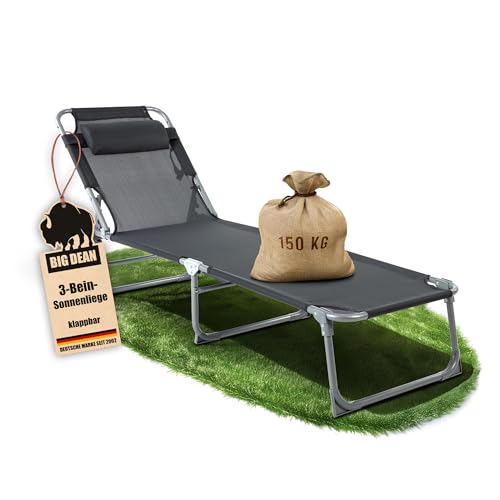 BigDean Sonnenliege klappbar mit Kopfkissen extra hoch dunkelgrau 150 kg belastbar - hochwertige Gartenliege für Balkon, Garten & Strand
