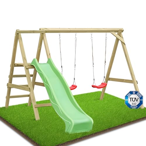 Gartenpirat Premium Schaukelgestell Typ 4.2 mit Rutsche apfelgrün Zwei Schaukelsitze Kletterleiter - 303 x 180 x 200 cm - Doppelschaukel aus Holz - TÜV geprüft