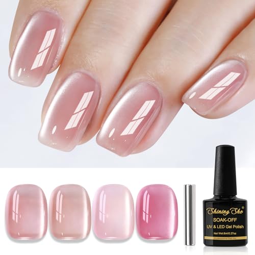 Shining She UV Nagellack Jelly Magnet CatEye, 4 Farben Nude Rosa Kristalle Cat Eye UV Gel Nagellack Soak-Off UV Nagellack Set für Nagelkunst Maniküre Salon, 8ML