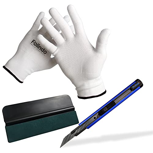 Folindo® Folier Set Auto Folien Werkzeuge | 1x Alu Cutter 1x Rakel 1 Paar Handschuhe | Car Wrapping Rakel Filz Cutter Messer