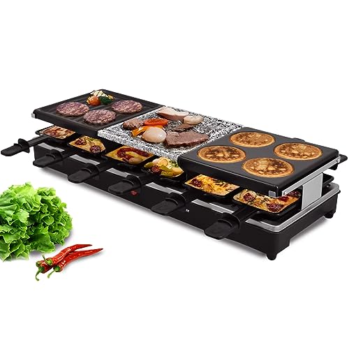 Syntrox Raclette-Grill Oberwil mit geteilten Platten, Tischgrill, Partyraclette für 12 Personen 1350Watt, Raclette Zubehör, Multifunktional und Kompakt, 6 Kg, Party Zubehör